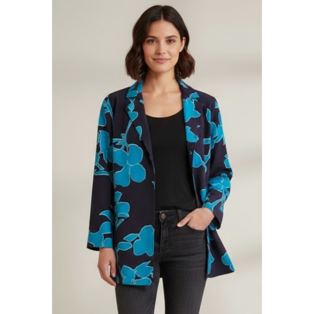 Susan Graver Floral Open Front Jacket Teal & Navy Size XSP